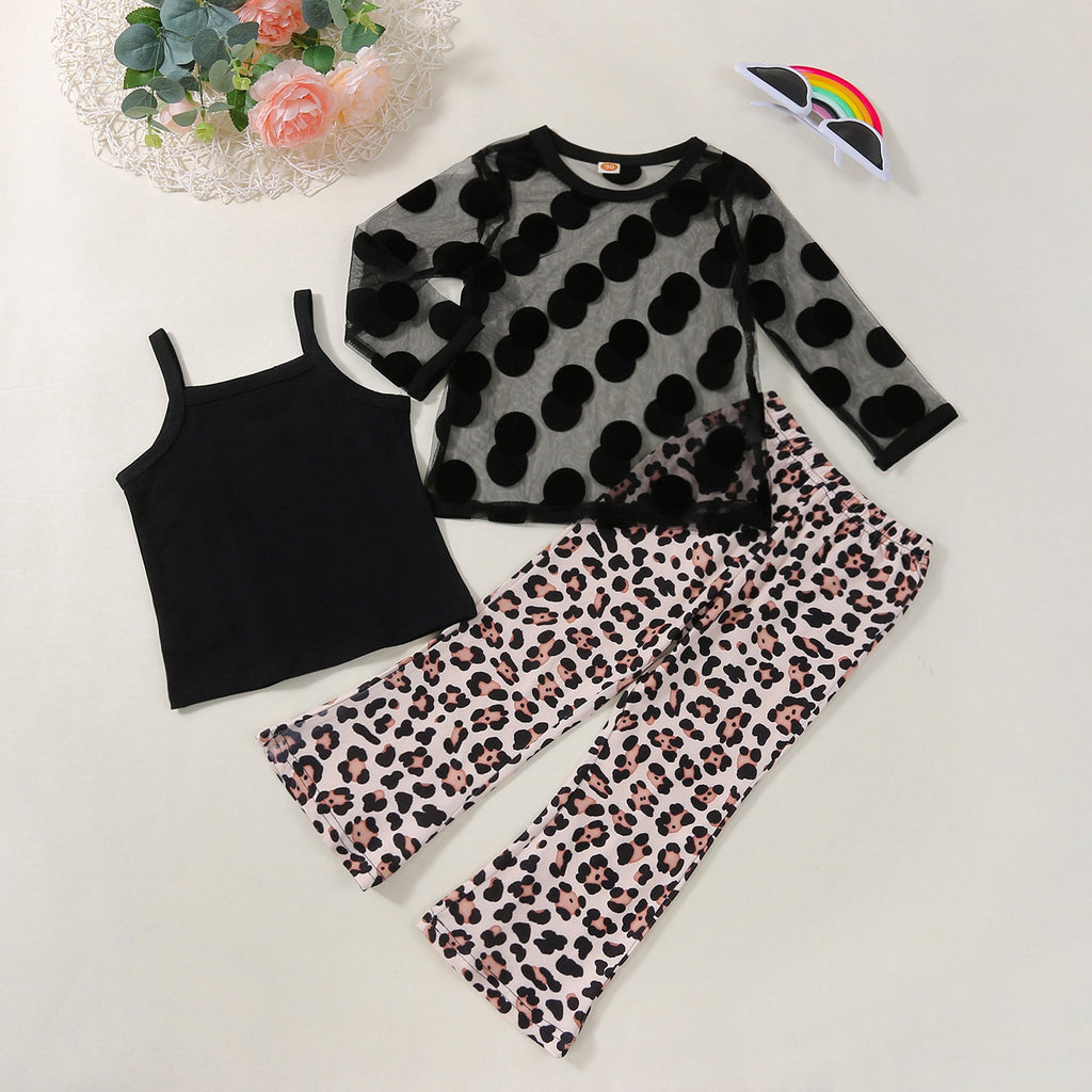 3 Pieces Cami With Mesh Tops And Leopard-Print Flared Pants Toddler Girls Outfits Sets - PrettyKid
