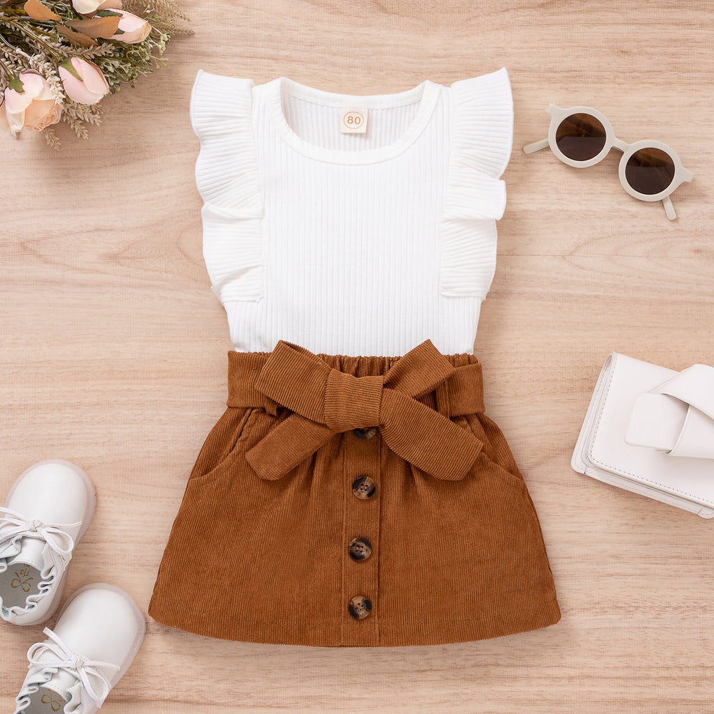 Baby Girl Fly-Sleeve Ribbed Top And Skirt Baby Outfit Sets - PrettyKid