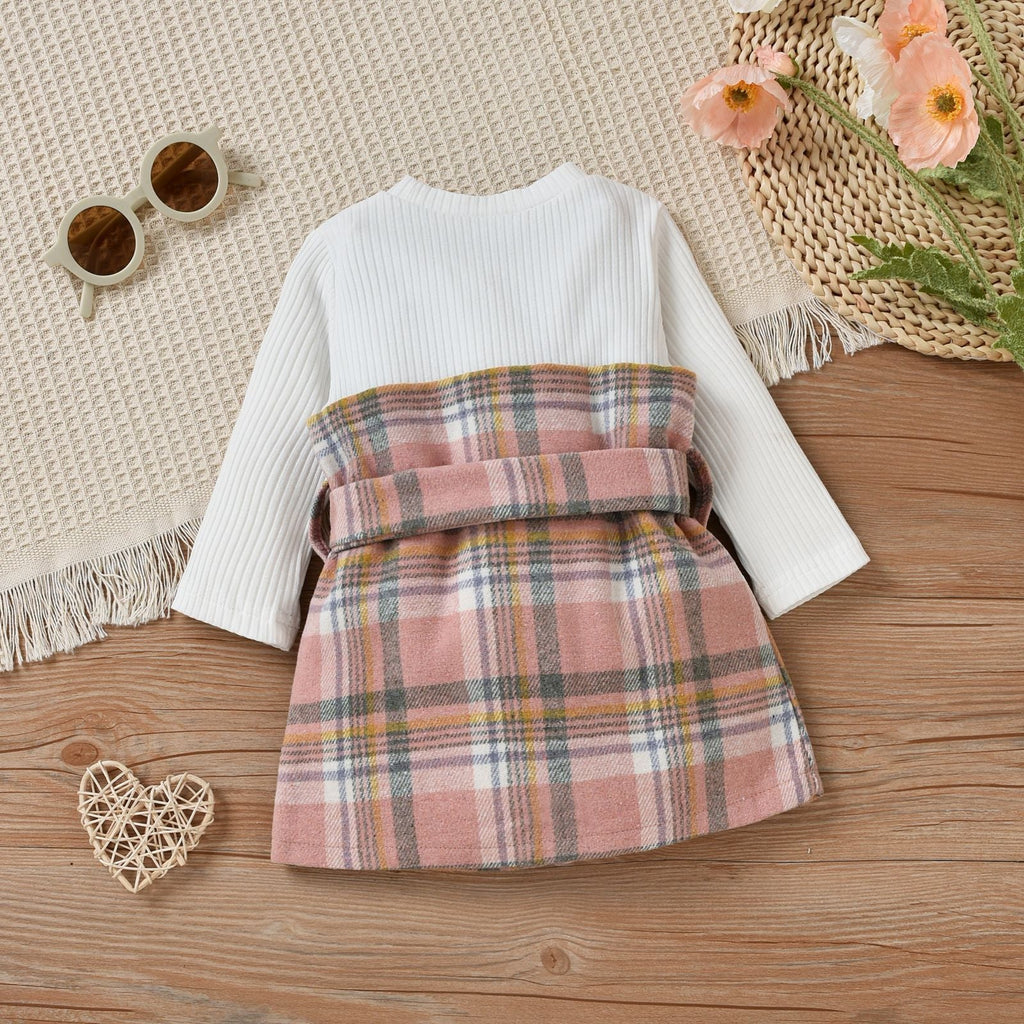 Check Print Stitching Bow Baby Girl Winter Dresses - PrettyKid