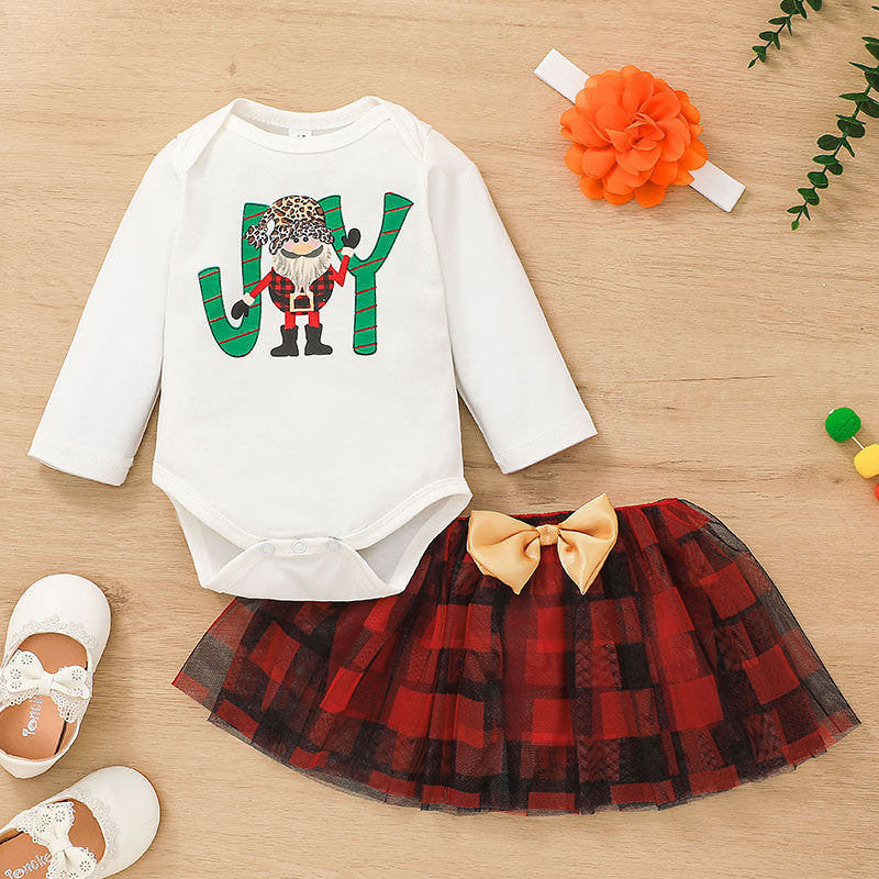 Christmas Santa Pattern Jumpsuit And Plaid Mesh Skirt With Headband 3 Piece Baby Girl Outfit - PrettyKid
