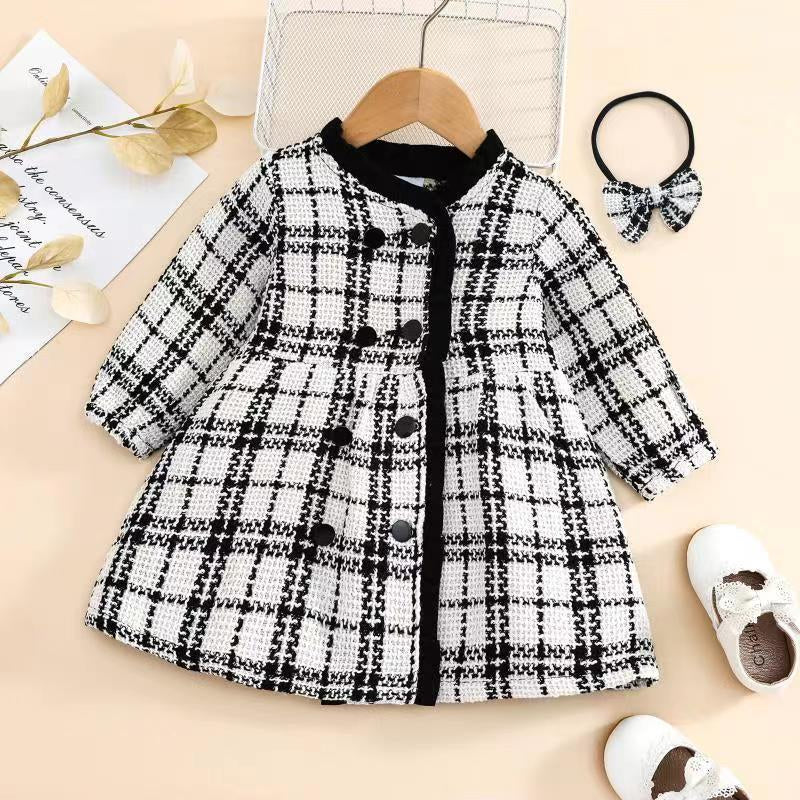 Checked Double Breasted Baby Girl Dresses With Headband - PrettyKid