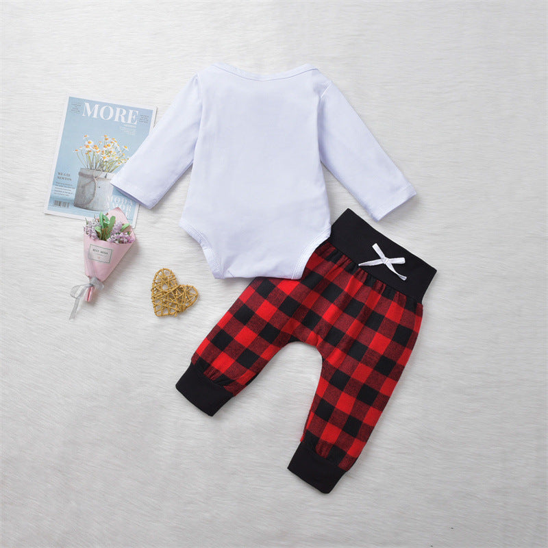 Baby Boy Alphabet One-Piece With Bow Tie And Plaid Pants Two Piece Baby Sets - PrettyKid