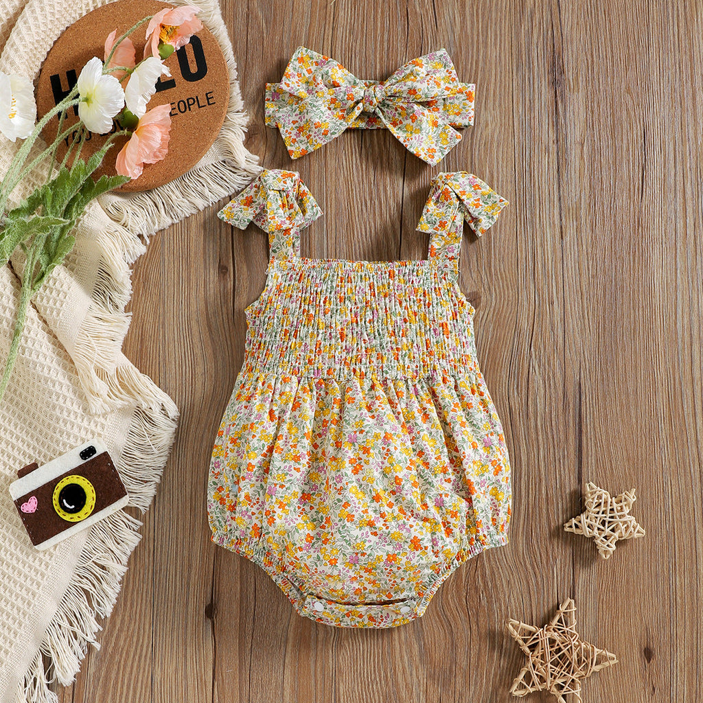 Baby Girl Floral Print Suspender Bodysuit And Headband Baby Sleeveless Jumpsuit - PrettyKid