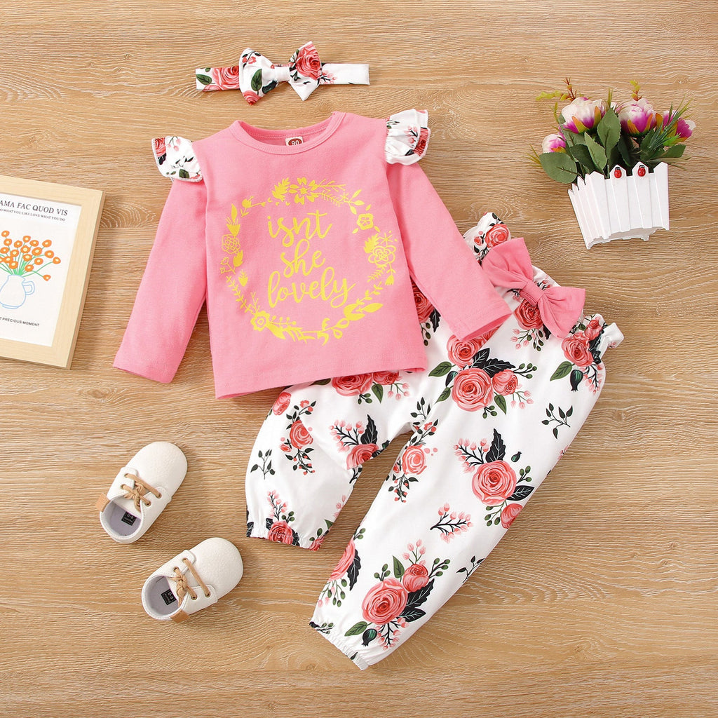 9months-4years Baby Toddler Girl Sets Children's Three Pcs Suits Wholesale 2022 Spring New Flying Sleeve Tops & Trousers & Hair Band - PrettyKid