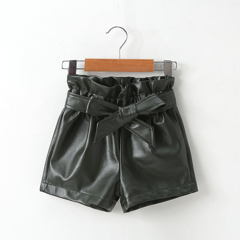 Bowknot Solid Color PU Leather Wholesale Toddler Girl Shorts - PrettyKid