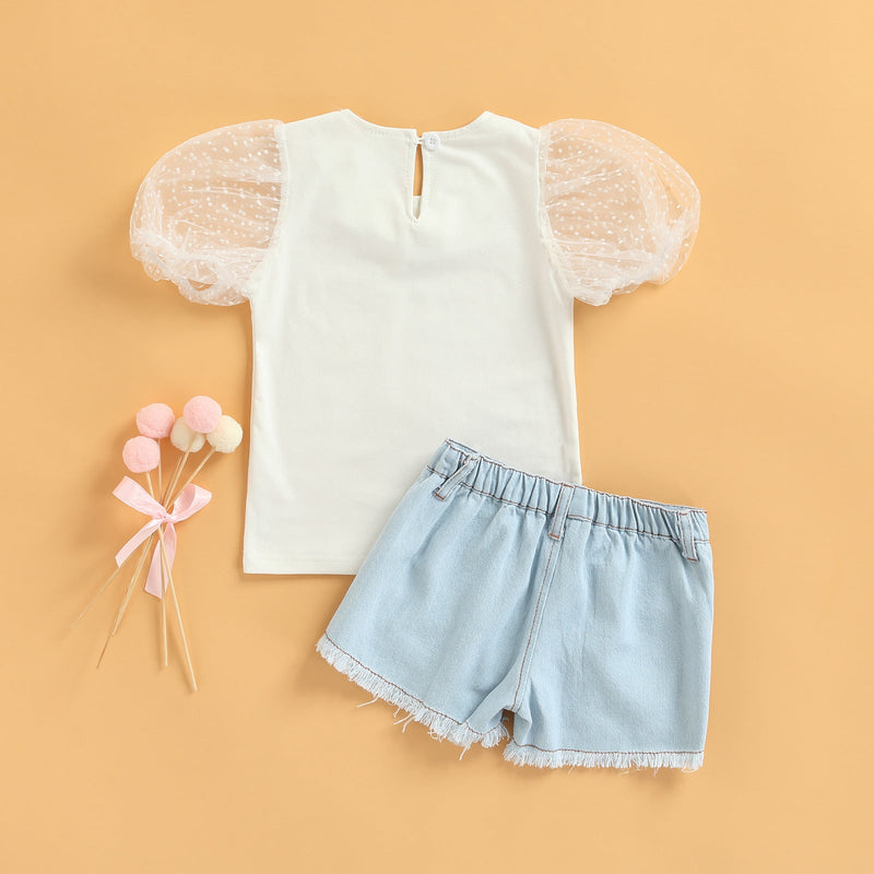 Baby Girl Mesh Puff Sleeve Top And Denim Shorts Two Piece Baby Sets - PrettyKid