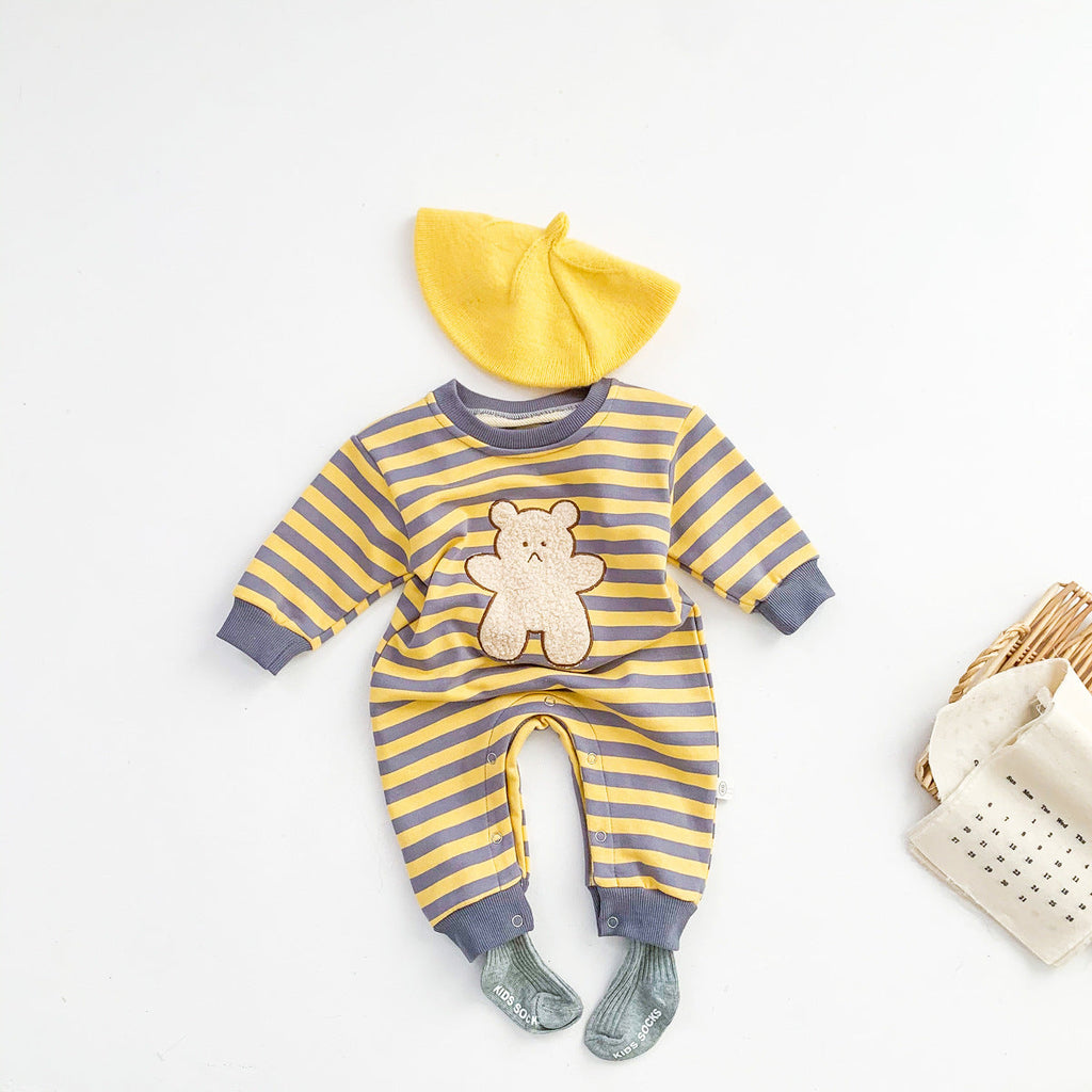 Bear Print Striped Newborn Jumpsuit Wholesale Kidswear - PrettyKid