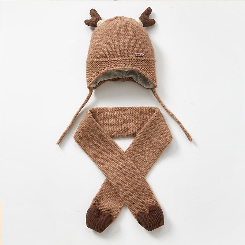 Baby Pure Color Antler Wool Hat And Scarf - PrettyKid