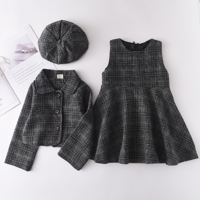 3 Pieces Plaid Button Jackets And Tank Dresses And Berets Wholesale Girls Clothes Sets - PrettyKid