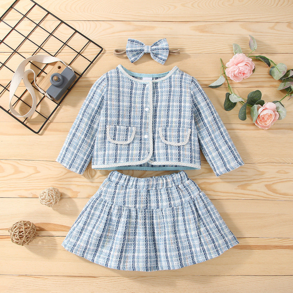 3 Pieces Girls Outfits Sets Checked Cardigan Jackets And Skirt And Headband - PrettyKid