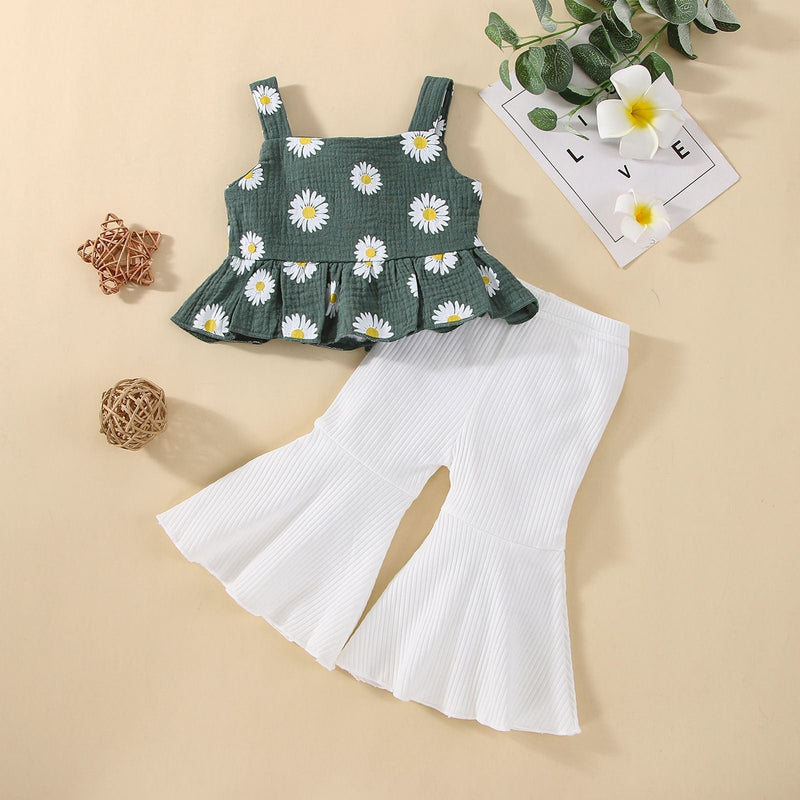 6M-3Y Baby Girls Sets Daisy Ruffle Hem Cami Top & Ribbed Bell Bottom Pants Wholesale Baby Clothing - PrettyKid
