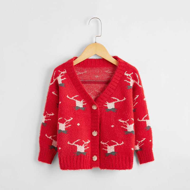 Christmas Print Plush Toddler Cardigan Sweater - PrettyKid