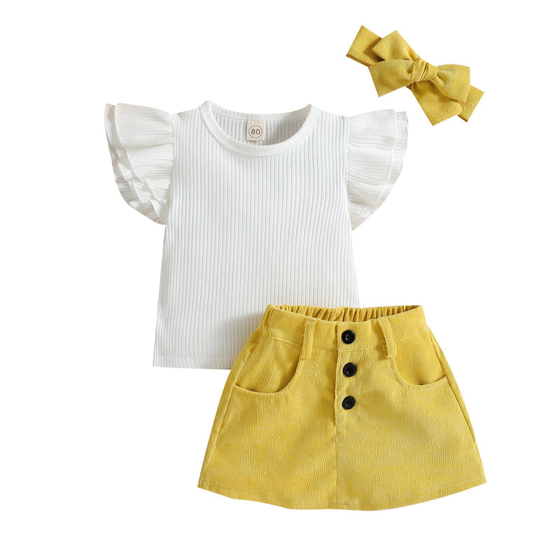 Baby Girl White Ribbed Top And Corduroy Skirt And Headband Baby Outfit Sets - PrettyKid