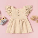 Baby Girl Plain Button Decor Flutter Sleeve Square Collar Wholesale Baby Dress - PrettyKid