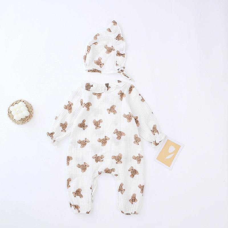 Bear Print Wholesale Baby Jumpsuit With Hat - PrettyKid