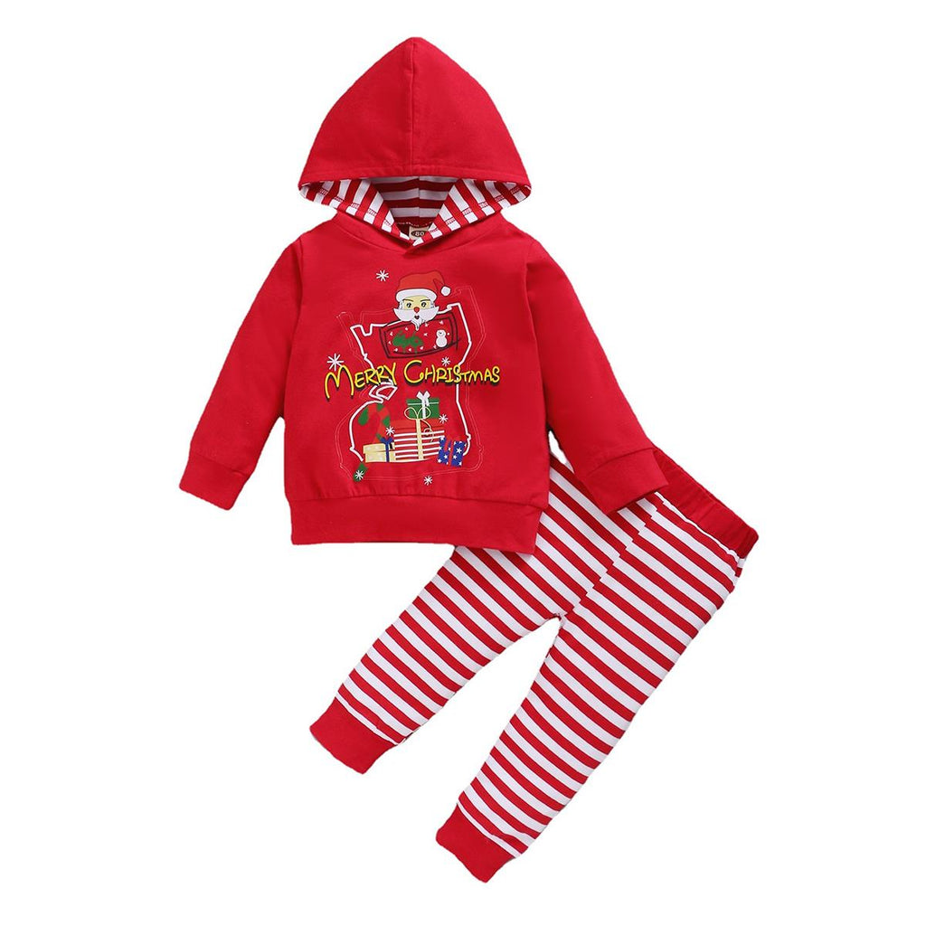 Christmas Santa Print Hoodie And Striped Pants Baby Boy 2 Piece Set - PrettyKid