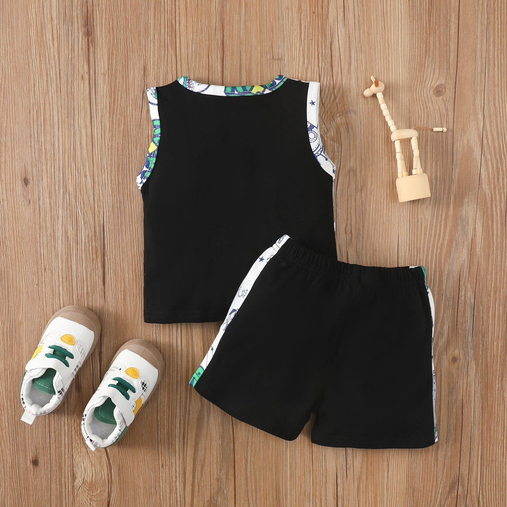 Baby Boy Colorblock Dinosaur Vest And Shorts Baby Boy Tracksuit Set - PrettyKid