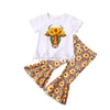 Cow Pattern T-Shirt And Sunflower Flared Pants Toddler Girl Two Piece Outfits - PrettyKid