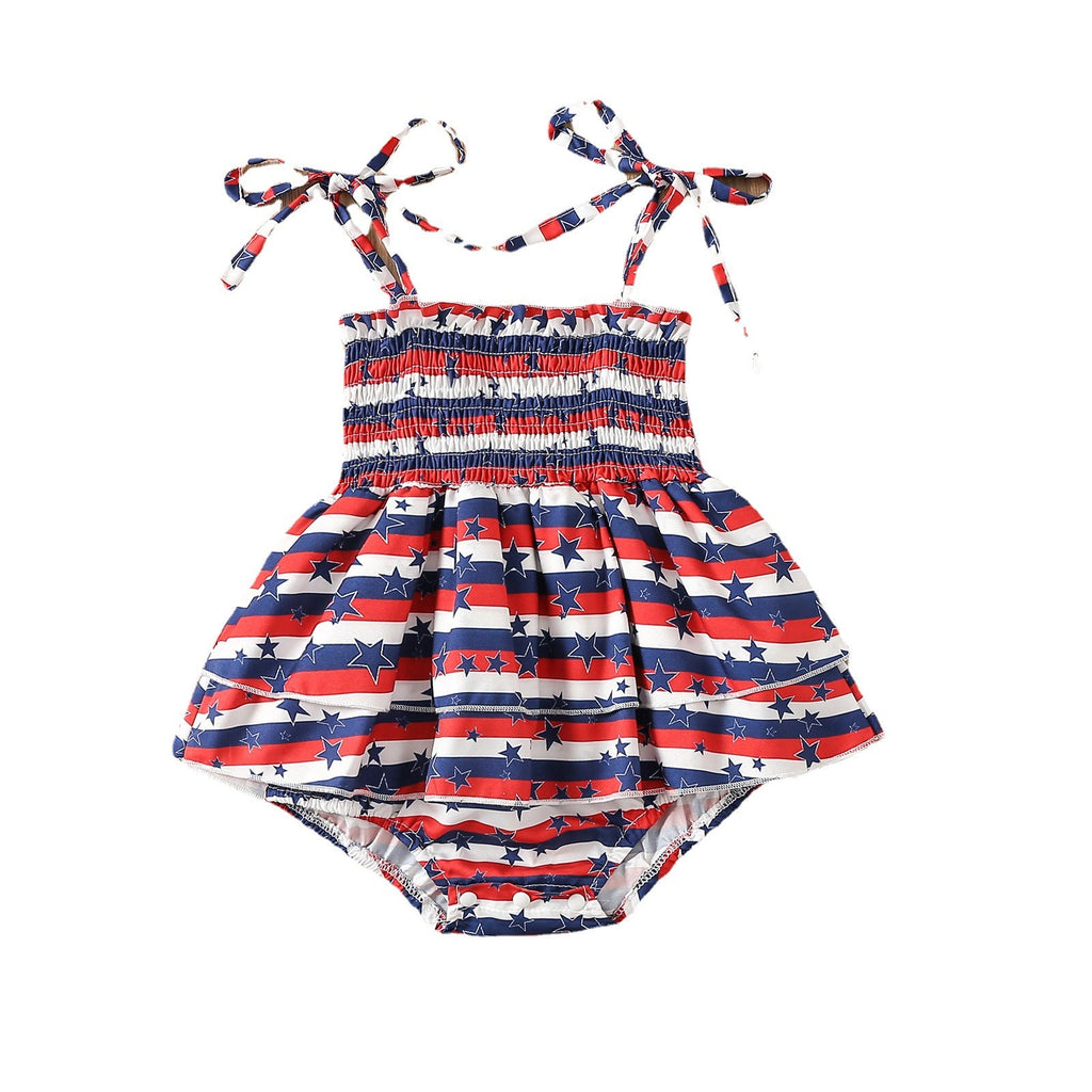 0-12M Newborn Jumpsuit Girl Independence Day Tie Harness Pleats Wholesale Baby Clothes - PrettyKid
