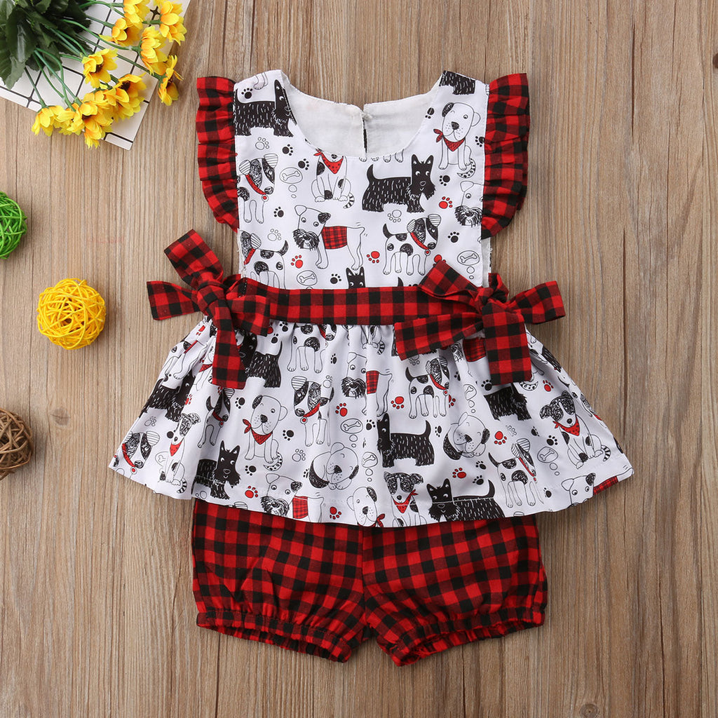 Cartoon Puppy Print Sleeveless Top And Red Plaid Shorts Two Piece Baby Girl Outfit Sets - PrettyKid