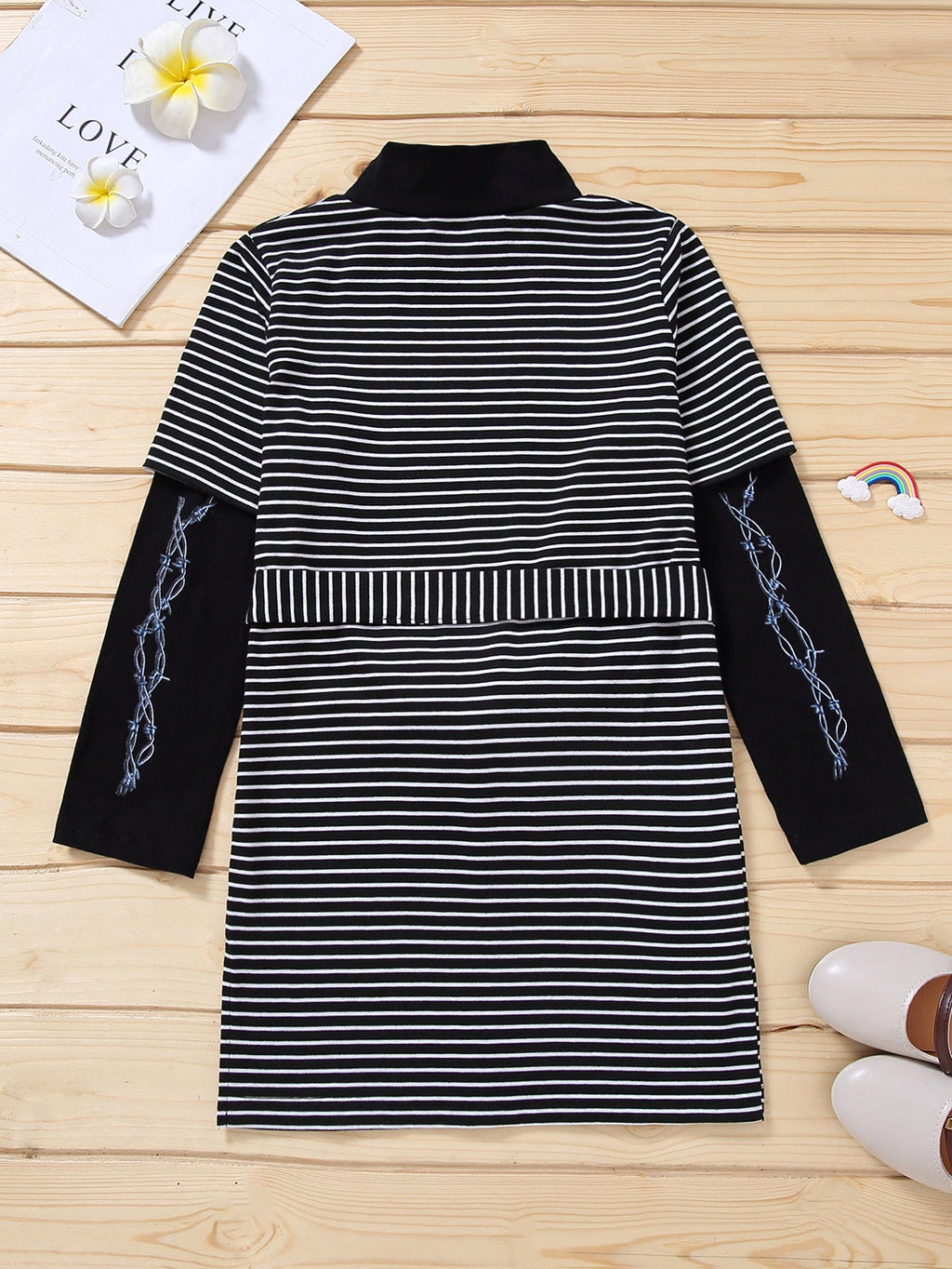 Autumn Letter Printed Striped Mid-Collar Casual Kids Dresses For Girls With Belts - PrettyKid