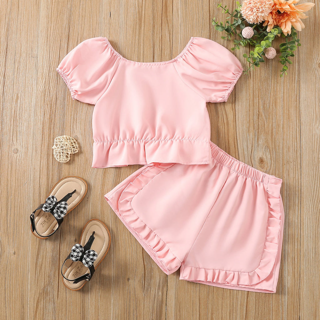 9M-4Y Round Neck Short Sleeve Fungus Edge Top Shorts Solid Color Suit Wholesale Baby Clothes - PrettyKid