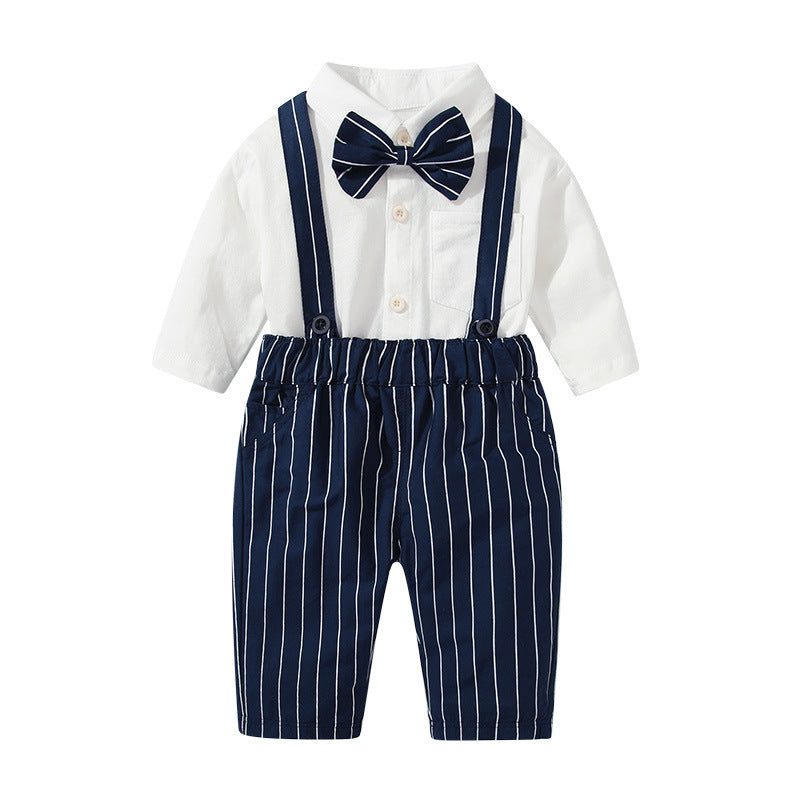Baby Boys Plain Shirt Bow Tie Striped Suspender Pants Wholesale Baby Boy Overall Set - PrettyKid