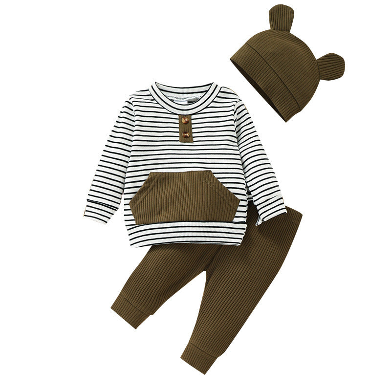 Boys And Girls Striped Top Pure Color Pants And Hat Wholesale Baby Clothing - PrettyKid