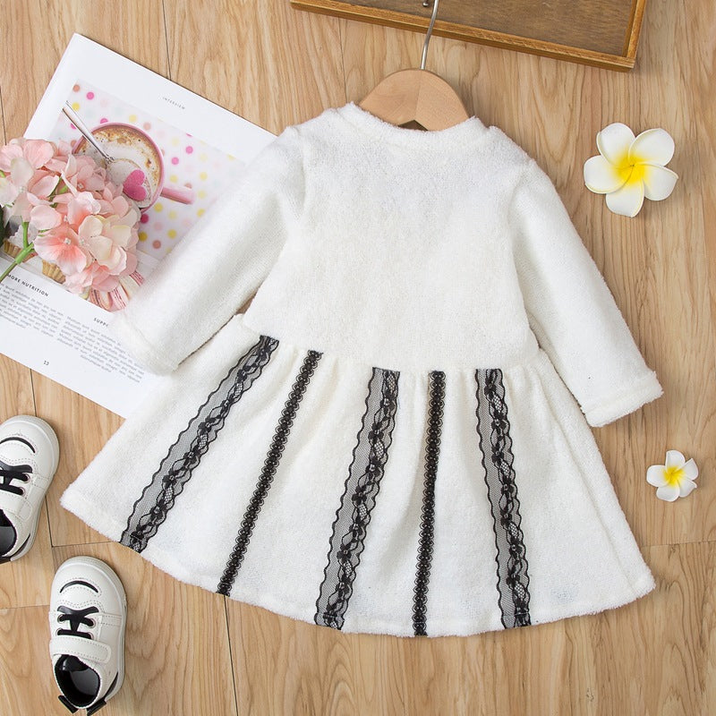 Bow Lace Lamb Wool Dresses For Girls - PrettyKid