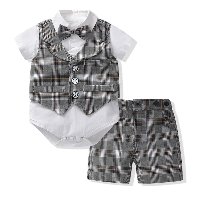 Baby Boys Suit Sets Plaid Vest Bowtie Shirt & Short & Hats Wholesale Baby Clothes - PrettyKid
