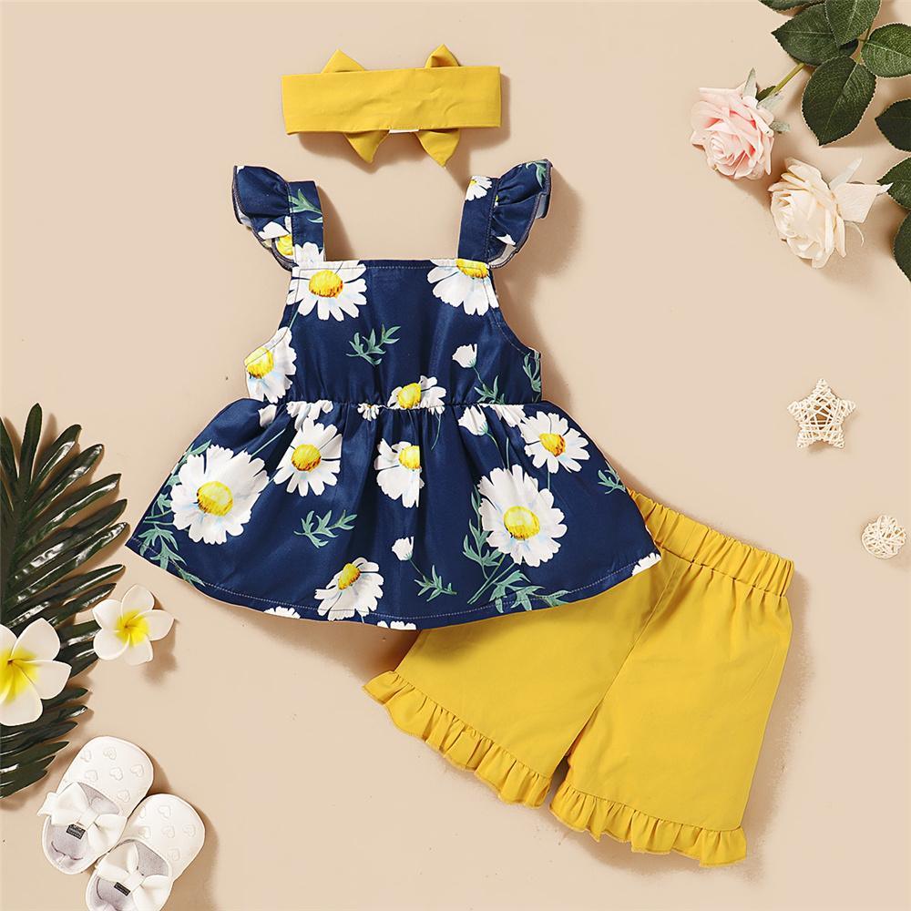 Girls Fancy Flower Printed Bow Sleeveless Top & Shorts & Headband Toddler clothes Wholesale - PrettyKid