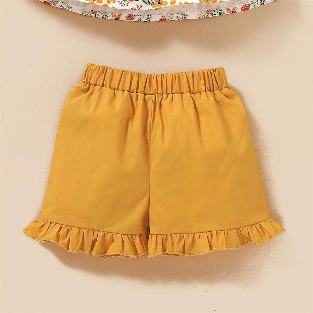 Girls Fancy Flower Printed Bow Sleeveless Top & Shorts & Headband Toddler clothes Wholesale - PrettyKid