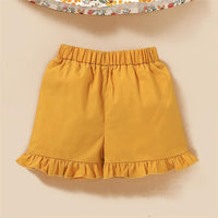 Girls Fancy Flower Printed Bow Sleeveless Top & Shorts & Headband Toddler clothes Wholesale - PrettyKid