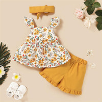Girls Fancy Flower Printed Bow Sleeveless Top & Shorts & Headband Toddler clothes Wholesale - PrettyKid