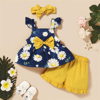 Girls Fancy Flower Printed Bow Sleeveless Top & Shorts & Headband Toddler clothes Wholesale - PrettyKid