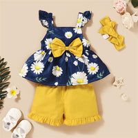 Girls Fancy Flower Printed Bow Sleeveless Top & Shorts & Headband Toddler clothes Wholesale - PrettyKid