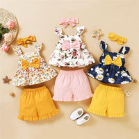 Girls Fancy Flower Printed Bow Sleeveless Top & Shorts & Headband Toddler clothes Wholesale - PrettyKid
