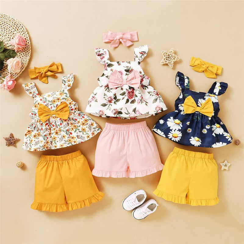Girls Fancy Flower Printed Bow Sleeveless Top & Shorts & Headband Toddler clothes Wholesale - PrettyKid