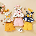 Girls Fancy Flower Printed Bow Sleeveless Top & Shorts & Headband Toddler clothes Wholesale - PrettyKid