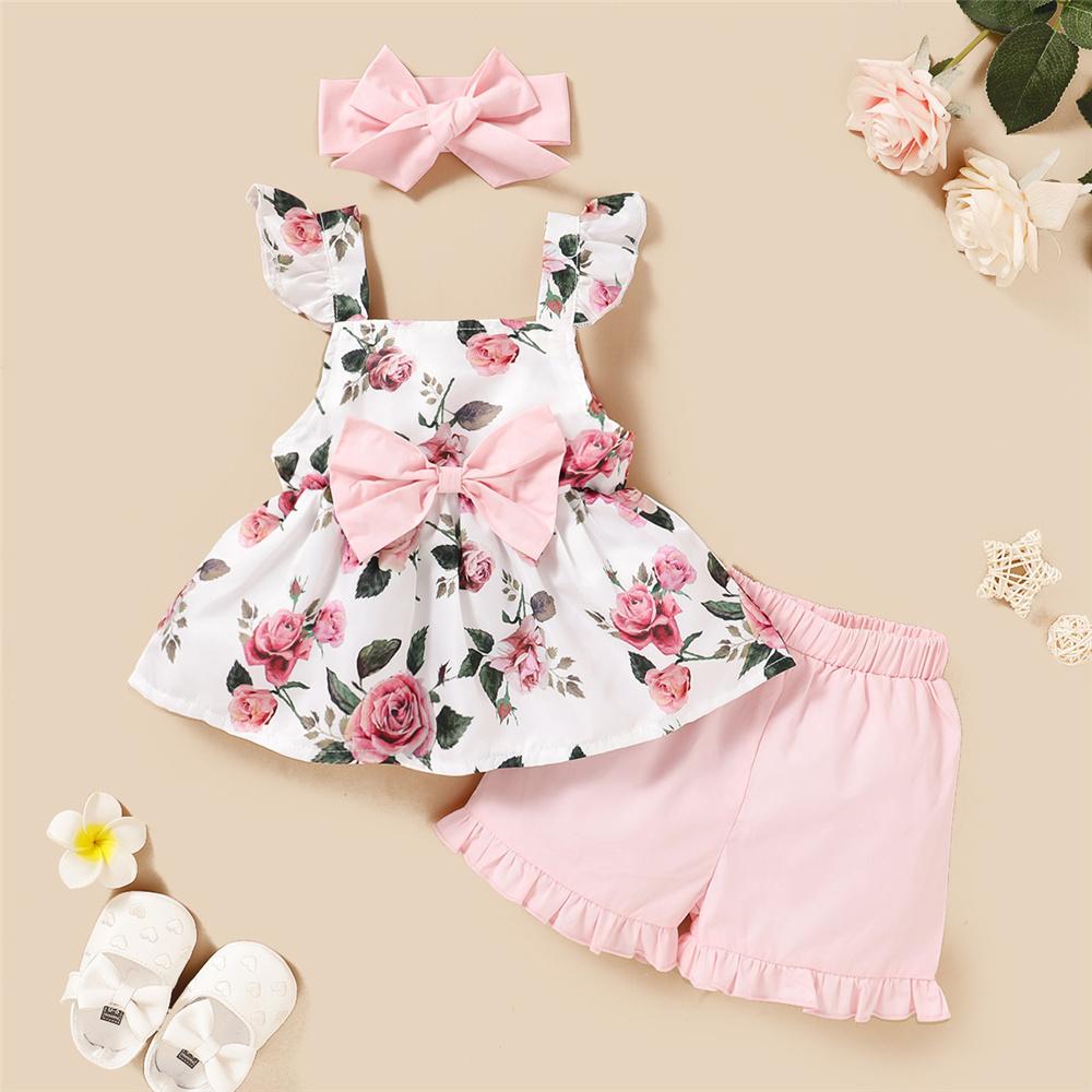 Girls Fancy Flower Printed Bow Sleeveless Top & Shorts & Headband Toddler clothes Wholesale - PrettyKid