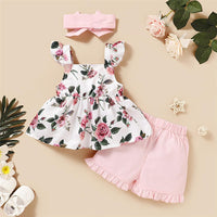 Girls Fancy Flower Printed Bow Sleeveless Top & Shorts & Headband Toddler clothes Wholesale - PrettyKid
