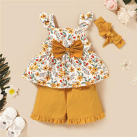 Girls Fancy Flower Printed Bow Sleeveless Top & Shorts & Headband Toddler clothes Wholesale - PrettyKid
