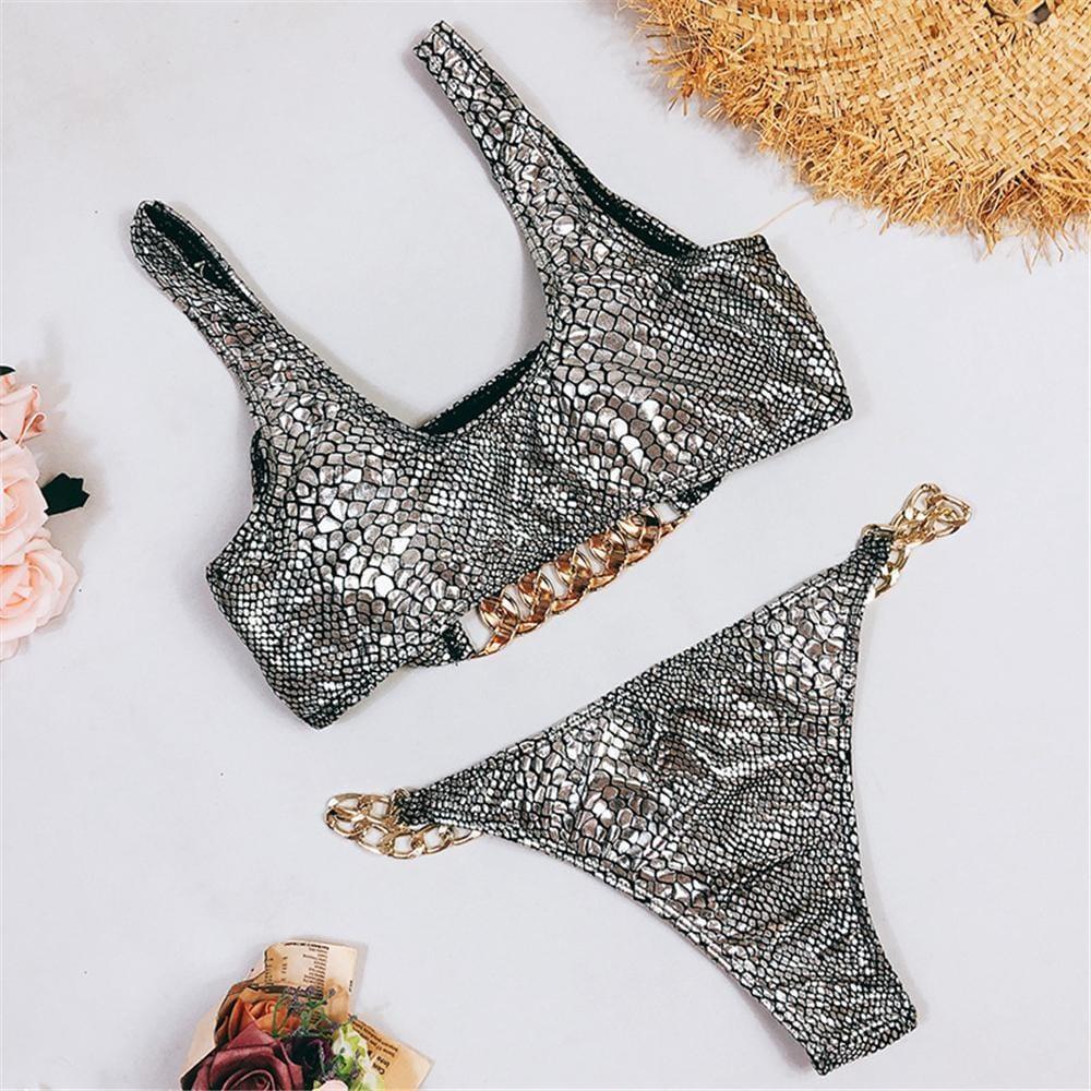 Women Fashion Metal Chain Bikini Swimwear With Shortschildren's coats wholesale - PrettyKid