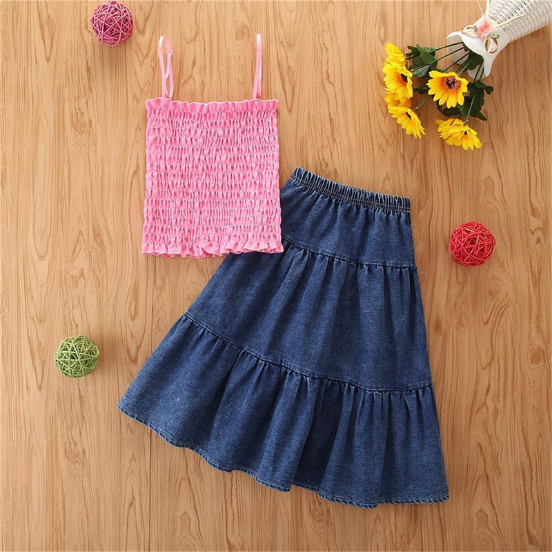 Girls Trendy Solid Sling Top & Denim Skirt Trendy Kids Wholesale clothes - PrettyKid