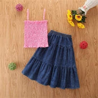 Girls Trendy Solid Sling Top & Denim Skirt Trendy Kids Wholesale clothes - PrettyKid