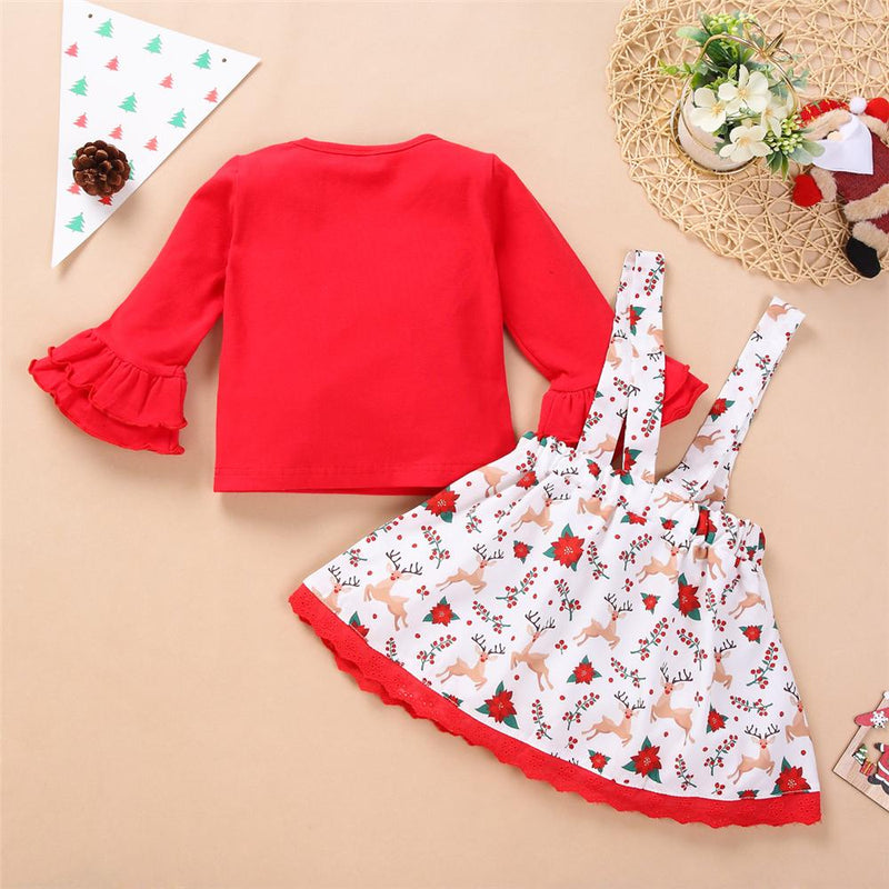 Toddler Girls Flare Sleeve Letter Top & Cartoon Suspender Skirt Wholesale - PrettyKid