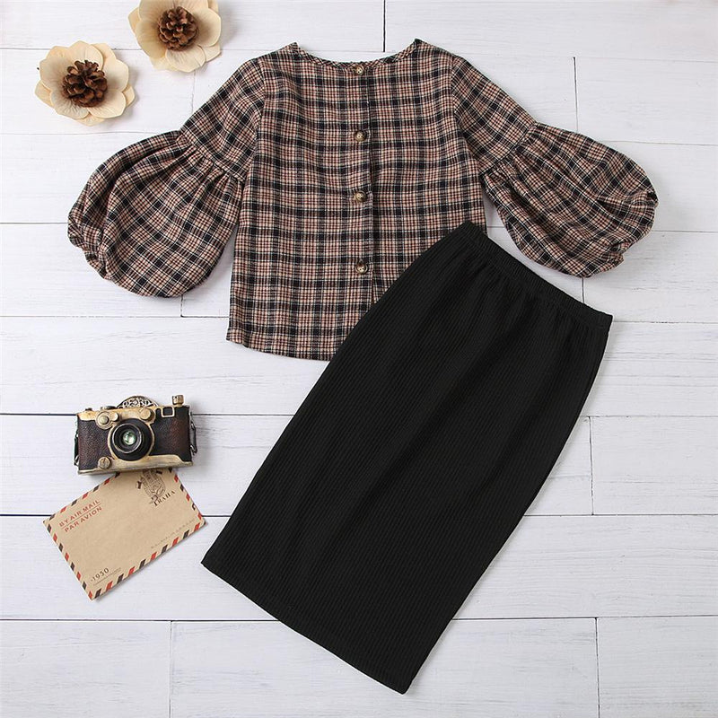 Girls Flare Sleeve Plaid Top & Solid Skirt Girls Clothes Wholesale - PrettyKid