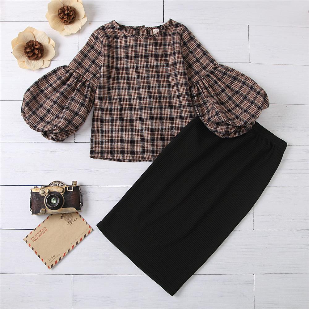 Girls Flare Sleeve Plaid Top & Solid Skirt Girls Clothes Wholesale - PrettyKid