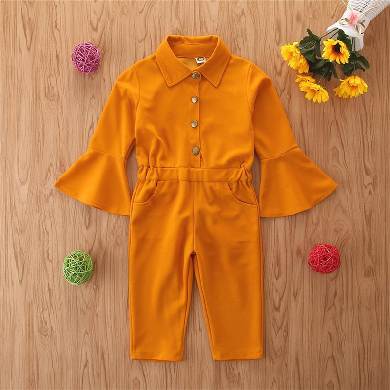 Toddler Girl Flare Sleeve Solid Lapel Jumpsuit Wholesale Girl Clothing - PrettyKid