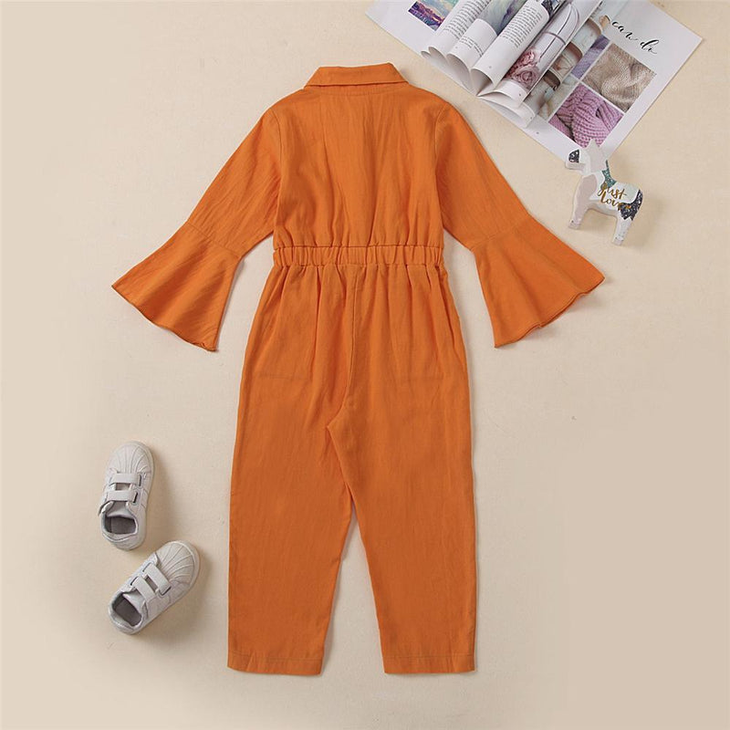 Girls Flared Sleeve Cotton Solid Color Pocket Jumpsuit Kids Boutique Wholesale - PrettyKid